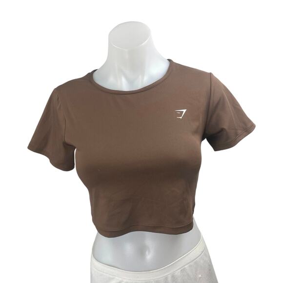 Gymshark Brown Short Sleeve Crewneck Logo Yoga Athletic T Shirt Crop Top Size M - Picture 1 of 3